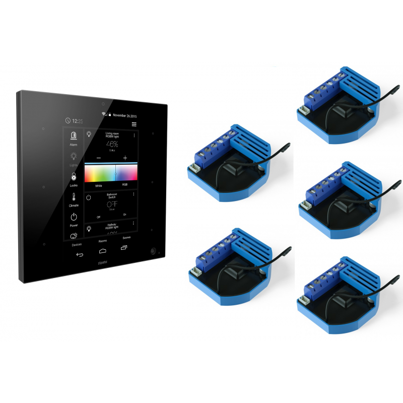 Комплект Z-Wave для автоматизации освещения и электроприборов в квартире или доме, состоящий из контроллера ZipaTile и пяти микромодулей Qubino